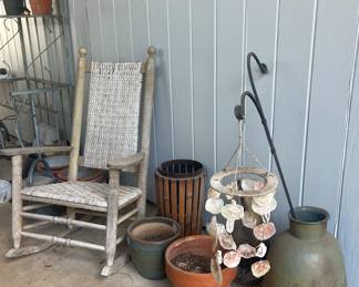 OLD ROCKING CHAIR, PLANTERS, WINDCHIMES