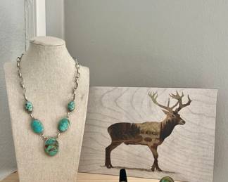 NATIVE AMERICAN STERLING SILVER & TURQUOISE 5 STONE NECKLACE, RING AND BANGLE WITH LARGE TURQUOISE STONE AND BUFFALO NICKELS-SOME SIGNED