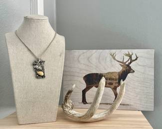 STERLING SILVER ELK WITH ELK TOOTH PENDANT ON LARGE ROPE CHAIN