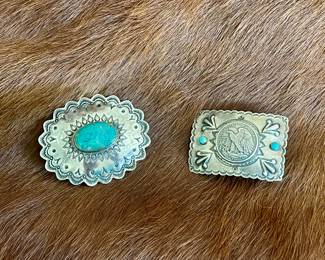 VINTAGE NATIVE AMERICAN STERLING TURQUOISE BELT BUCKLE, NATIVE AMERICAN SIGNED BUFFALO DANCER SILVER COIN AND TURQUOISE BELT BUCKLE