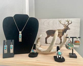 BEAUTIFUL STERLING TURQUOISE AND BLUE TOPAZ PENDANT AND EARRINGS SET, STERLING PINK DAHLIA HEART RING, STERLING SEA TURTLE TURQUOISE RING, STERLING STORYTELLER TURQUOISE PENDANT, STERLING INLAID PENDANT