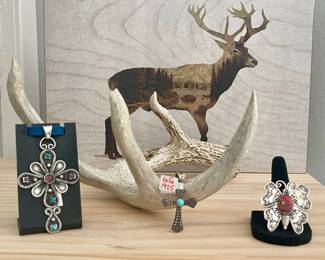 STERLING SILVER CROSS PENDANT WITH GEMSTONES, STERLING CROSS PENDANT W/TURQUOISE, STERLING RED STONE BUTTERFLY RING