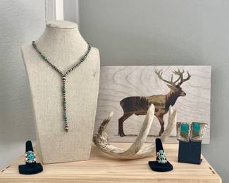NATIVE AMERICAN STERLING SILVER BEAD LARIAT NECKLACE, STERLING AND TURQUOISE RINGS, NATIVE AMERICAN STERLING AND TURQUOISE EARRINGS SOME SIGNED
