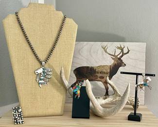 STERLING WITH TURQUOISE HORSE PENDANT, WHITE BUFFALO CROSS RING, NATIVE AMERICAN SIGNED INLAID HUMMINGBIRD PIN/PENDANT, STERLING INLAID HORSE PENDANT