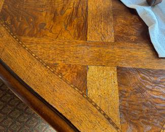 PECAN AND BURLE WOOD TABLE WITH CHAIRS