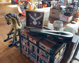 VINTAGE TRUNK ROCKING CHAIR AND OTHER ITEMS