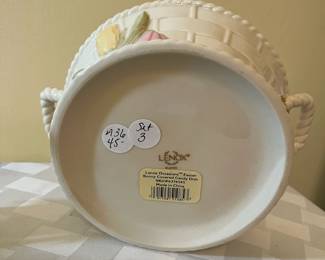 A36 - $45. Lenox Spring Easter Set. 3 Pieces. Candy Dish 8"x5.5", Duck with Umbrella 5.25"tall, Chick 3.25"t