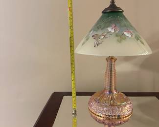 R17 - $400. Fenton Hummingbird Reverse Painted Lamp Shade - Limited Edition. Shade has Fenton sticker - base looks like fenton glass but unmarked. 
