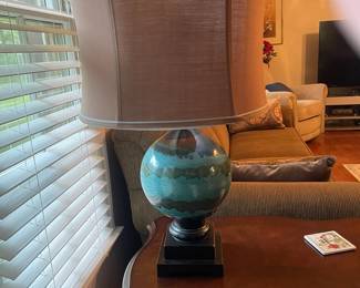 R22 - $45. PAIR of Table Lamps. Shades are both good. Ceramic & Wood Base. 
