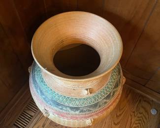 R50 - $50. Large Terracotta Planter that has been used as a side table with a piece of glass on top. Has one minor crack at the top - See photo. Measures 26" tall. 