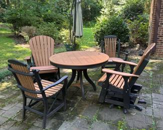 R106 - $850. Outdoor Patio Set made with Trex like material (no name). 2 regular chairs - 2 gliders. All sturdy but need a bath to refresh them!