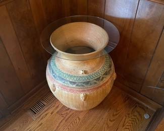 R50 - $50. Large Terracotta Planter that has been used as a side table with a piece of glass on top. Has one minor crack at the top - See photo. Measures 26" tall. 