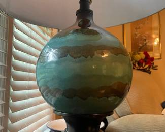 R22 - $45. PAIR of Table Lamps. Shades are both good. Ceramic & Wood Base. 