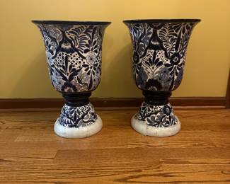 R37 - $200. PAIR of Large Ceramic Planters. Sticker says Made in Mexico. Measures 14.5" round x 22" tall. 
