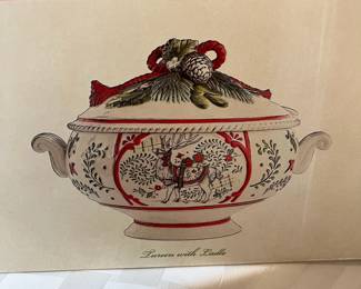 A51 - $85. Rare Fitz and Floyd Winter White Holiday Tureen With Ladle. Box Dimensions. 16"x10.75"x10