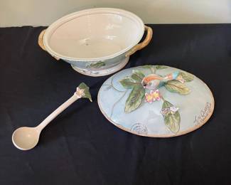R114 - $75. Fitz & Floyd Toulouse Soup Tureen with ladle. 