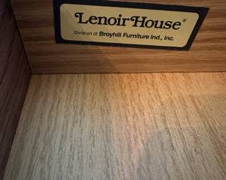 R88 - $125. Lenoire House by Broyhill China Cabinet. Moves in 2 pieces. Assembled it is 57" wide x 18" deep x 81" tall.  3 drawers slide easily and both doors open. Wood & Glass shelves are fixed and not adjustable. Very good vintage condition. 