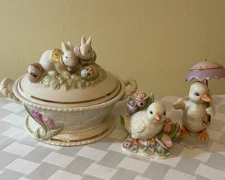 A36 - $45. Lenox Spring Easter Set. 3 Pieces. Candy Dish 8"x5.5", Duck with Umbrella 5.25"tall, Chick 3.25"t