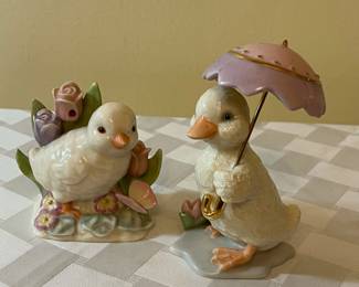 A36 - $45. Lenox Spring Easter Set. 3 Pieces. Candy Dish 8"x5.5", Duck with Umbrella 5.25"tall, Chick 3.25"t