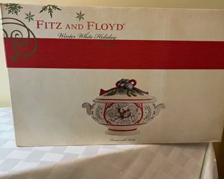 A51 - $85. Rare Fitz and Floyd Winter White Holiday Tureen With Ladle. Box Dimensions. 16"x10.75"x10