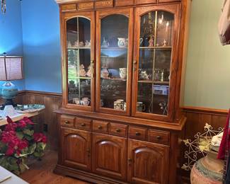 R88 - $125. Lenoire House by Broyhill China Cabinet. Moves in 2 pieces. Assembled it is 57" wide x 18" deep x 81" tall.  3 drawers slide easily and both doors open. Wood & Glass shelves are fixed and not adjustable. Very good vintage condition. 
