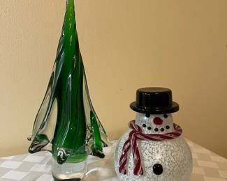A54 - $25. Pair of Blown Glass Sculptures - Tree & Snowman. 