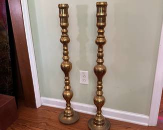 R12 - $100 PAIR. Brass Floor Candlesticks. Measures 36.5" tall. 