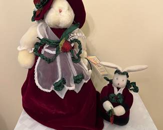 A8 - $55. Vintage Bunnies by the Bay "Miss Winter Strawberry" Large Bunny 17" tall. Small Bunny 8"tall.