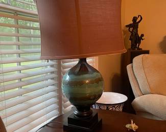 R22 - $45. PAIR of Table Lamps. Shades are both good. Ceramic & Wood Base. 
