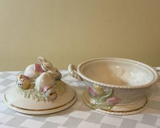 A36 - $45. Lenox Spring Easter Set. 3 Pieces. Candy Dish 8"x5.5", Duck with Umbrella 5.25"tall, Chick 3.25"t