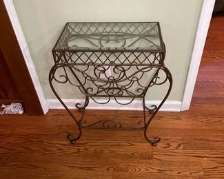 R51 - $65. Iron Side Table with Wine / Bottle Storage. Measures 24" wide x 12" deep x 27.5" tall. 