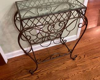 R51 - $65. Iron Side Table with Wine / Bottle Storage. Measures 24" wide x 12" deep x 27.5" tall. 