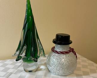 A54 - $25. Pair of Blown Glass Sculptures - Tree & Snowman. 