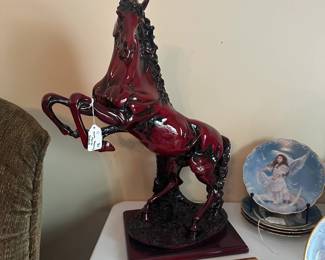 R35 - $30. KOK Rearing Horse Statue. Wooden Base with Large Resin Horse. 
