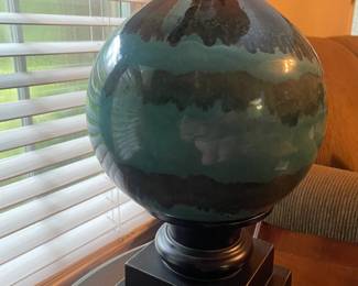 R22 - $45. PAIR of Table Lamps. Shades are both good. Ceramic & Wood Base. 