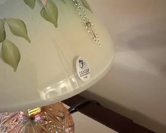 R17 - $400. Fenton Hummingbird Reverse Painted Lamp Shade - Limited Edition. Shade has Fenton sticker - base looks like fenton glass but unmarked. 