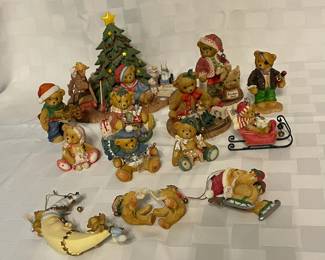 A63 - $60. Cherished Teddies Christmas Collection. . Including a large Christmas tree, 5 ornaments and 2 candle huggers. Lot #4 / 13 pcs. 