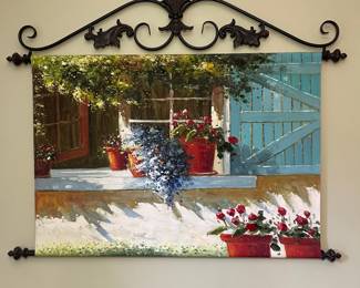 R111 - $65. Iron frame with painted canvas. Measures 42" wide x 33" tall. 