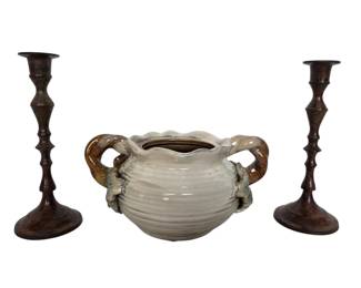Brown Metal Candleholders Made In India And Decorative Pot With Leaves