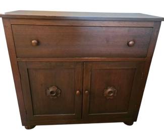 Vintage Brown Wood Buffet Cabinet With Carved Wood Floral Handles