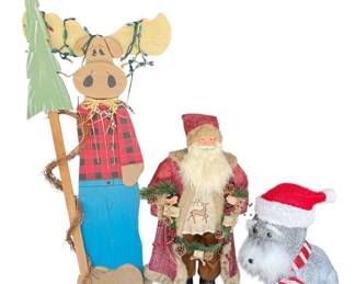 Santa, Reindeer, And Dog Statues