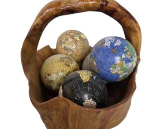 Hand Carved Wooden Burl Basket With Decorative Globes