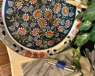 Maxey round metal tray Pennsylvania Dutch folk art , marble cheese cutter