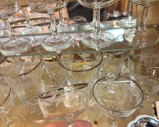 silver rimmed laurel leaf etched glasses