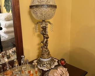 Beautiful ornate lamps, Vintage perfume bottles, ladies hats/gloves and more