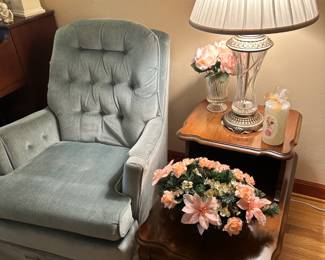 Side Blue Chair, end table and lovely lamp