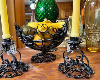 wrought iron fruit basket and candlesticks