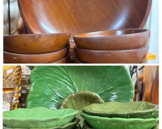 mid century salad sets, ceramic cabbage leaf and teak wood