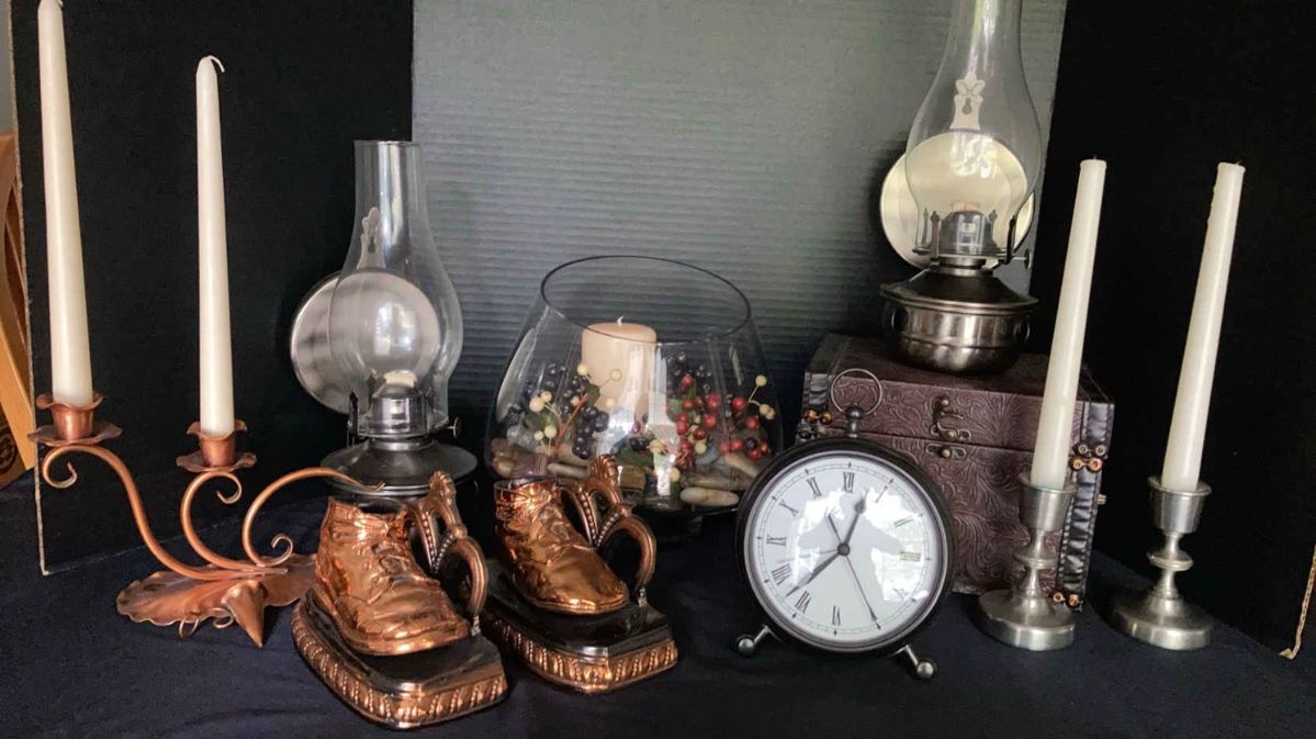  01 Pottery Barn Table Clock, Wall Oil Lamps 2, Pewter  Copper Candlesticks