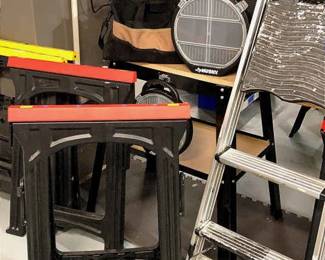 Assorted Tools, Saw Horses, Rubbermaid Ladder, Huskey Storage Container Lids